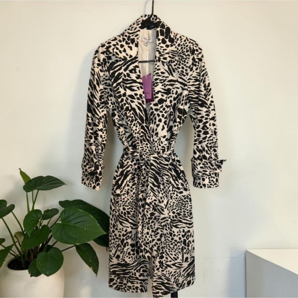 Women's Animal Print Belted Trench Coat Black Cream Statement Trench